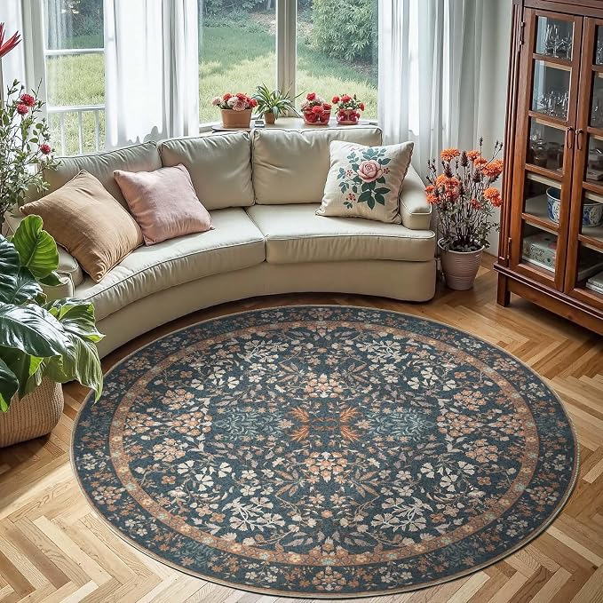 jinchan Zenith Round Rug 6ft Area Rug Soft 6'Round Vintage Floral Rug Non-Slip by JINCHAN