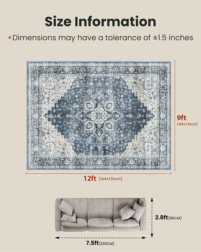 AMADA HOMEFURNISHING 9x12 Washable Area Rug, Low-Profile Large Area Rug - Image 2