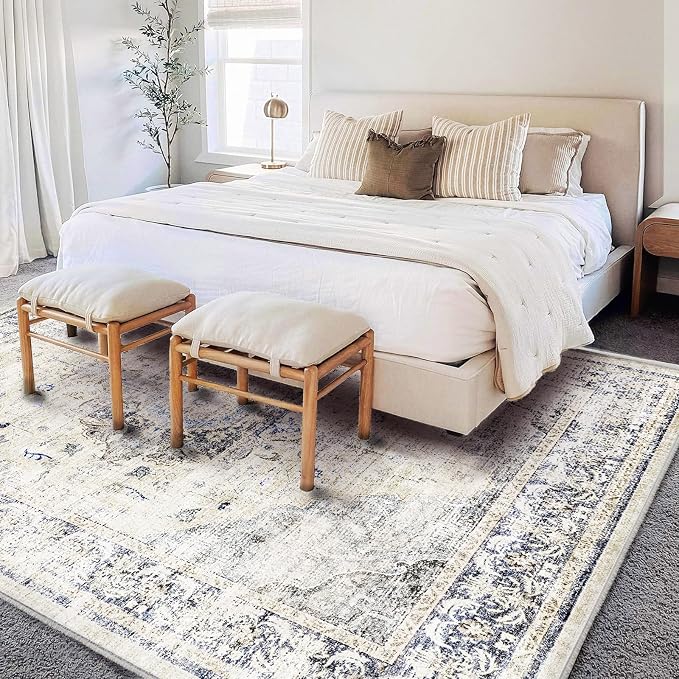 CHAMPLANT Washable Area Rug 10'x14' Floral Blue Boho Design Non-Shedding Easy - Image 2