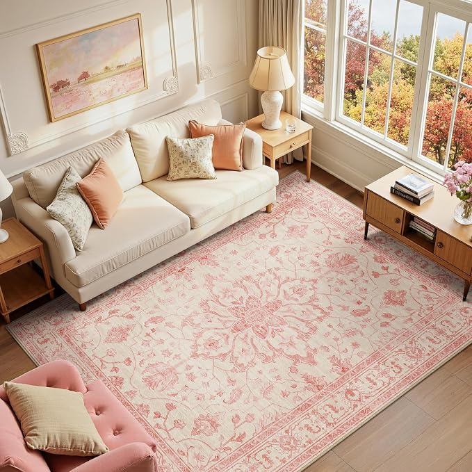 RELEANY Area Rugs 6'x9' Washable Non-Slip, Floral Vintage Distress Medallion by RELEANY