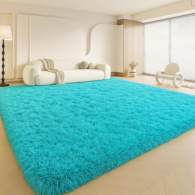 Teal Blue Plush Rug 9x12, Fluffy Shag Carpet Non-Slip, Area Rug - Image 4