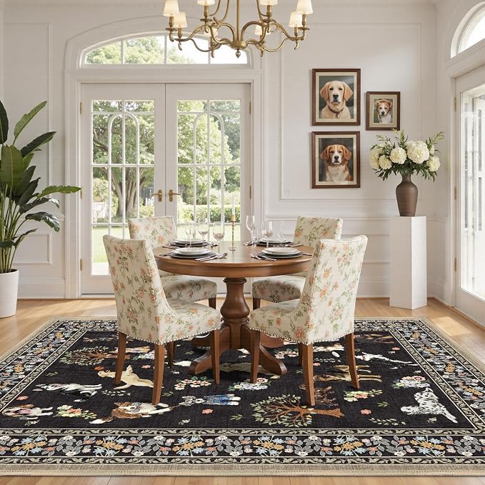 Black Dogs Area Rugs 9x12 Living Room Washable Rug Non Slip Floral Low Pile - Image 4
