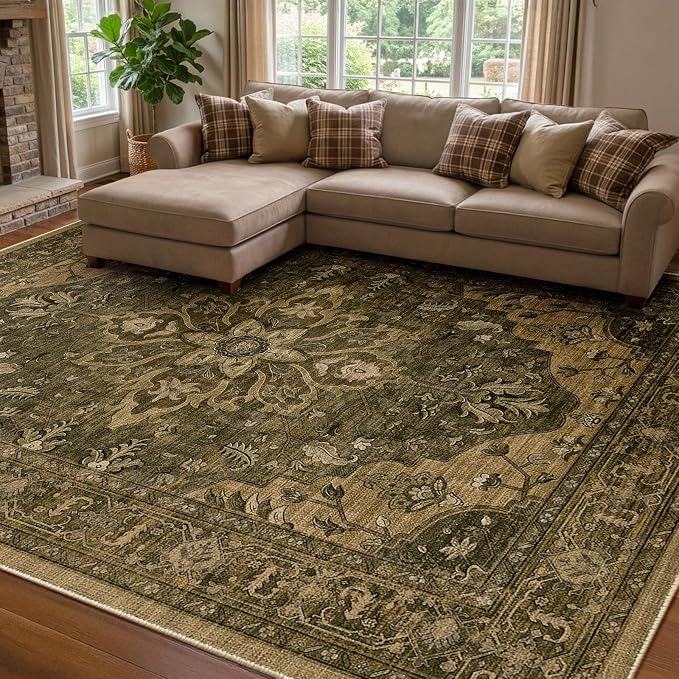 RELEANY Area Rugs 7'x9' Washable Non-Slip, Floral Vintage Distress Medallion by RELEANY