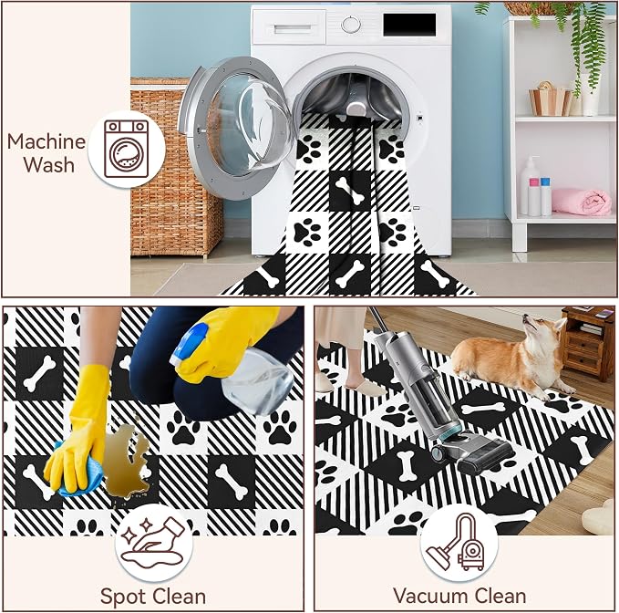 Area Rugs Paw Bone Plaid Modern Neutral Large Living Room Carpet Checkered Dog - Image 4