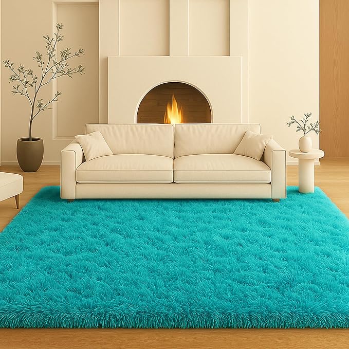 Teal Blue Plush Rug 9x12, Fluffy Shag Carpet Non-Slip, Area Rug by Mtandyx