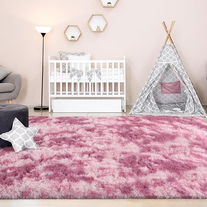 FlyDOIT Large Area Rugs for Living Room, 5x8 Feet Tie-Dyed Blush Shaggy Rug - Image 4