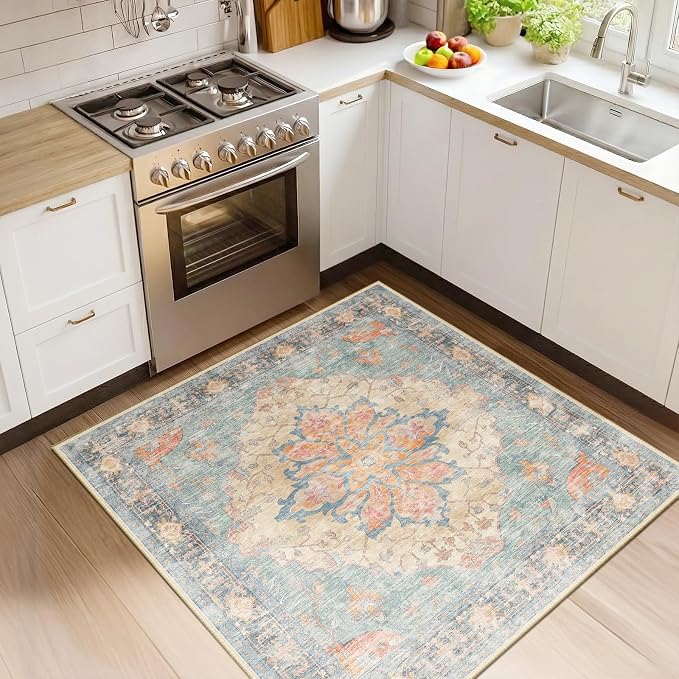 RELEANY Area Rugs Square 4ft Washable Non-Slip, Floral Vintage Distress by RELEANY