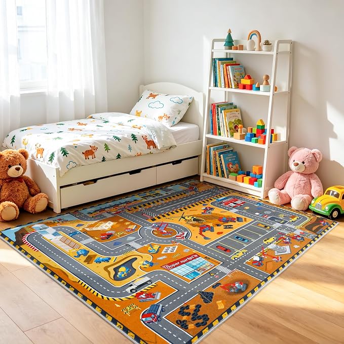 Kids Play Rug 4x5 Ft, Non-Slip Car Rug Play Mat, Washable Soft Construction - Image 4