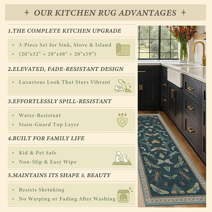 JTJ Botanical Insect Kitchen Rug Set of 3, Washable and Non-Slip Low Pile Floor - Image 7