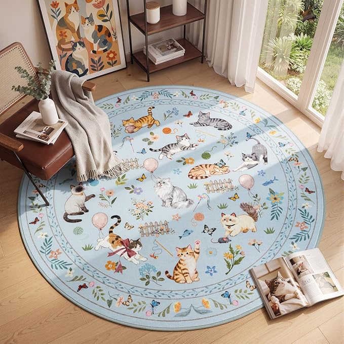 Unirea 4x4 Light Blue Grey Cat Round Area Rugs, Washable Soft Non Slip Circle by UNIREA