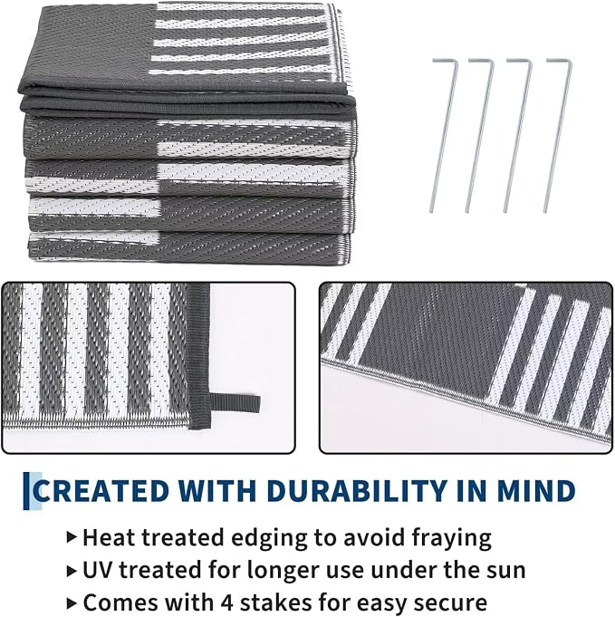 Garvee Waterproof Outdoor Rug 9x12, Checkered Foldable Plastic Straw Patio - Image 4