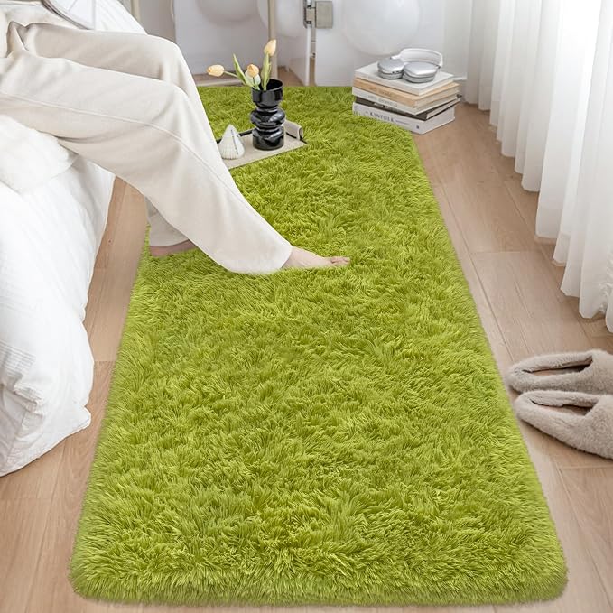 Soft Grass Green Fluffy Rug for Bedroom Living Room, 2x6 ft Fuzzy Green Shag by TENNOLA