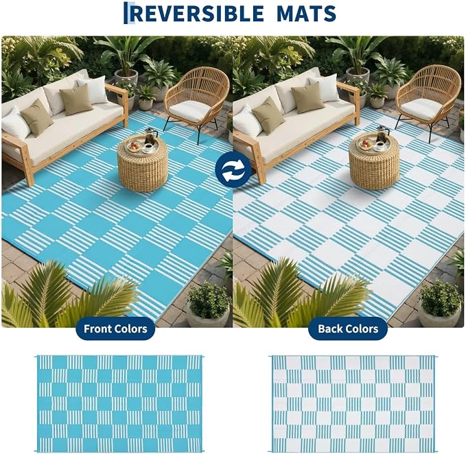 Garvee Waterproof Outdoor Rug 10x20, Checkered Foldable Plastic Straw Patio - Image 3