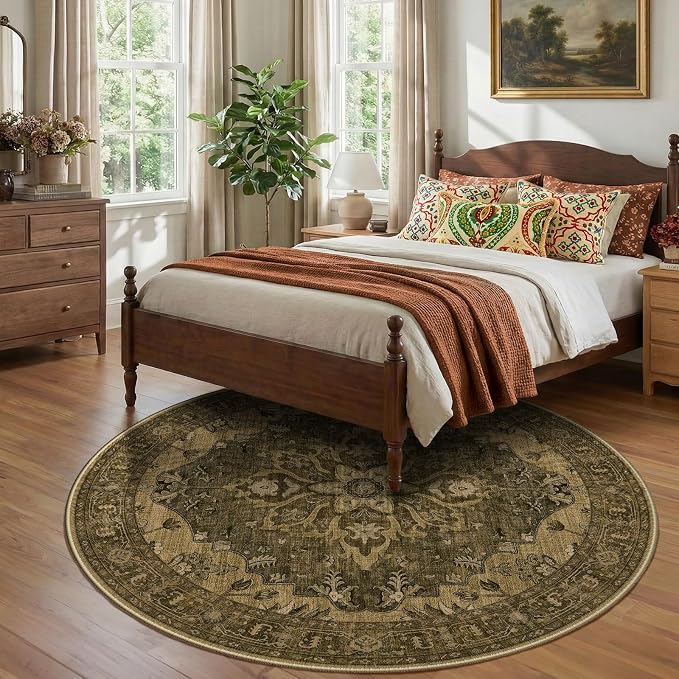 RELEANY Area Rugs Round 8ft Washable Non-Slip, Floral Vintage Distress - Image 3
