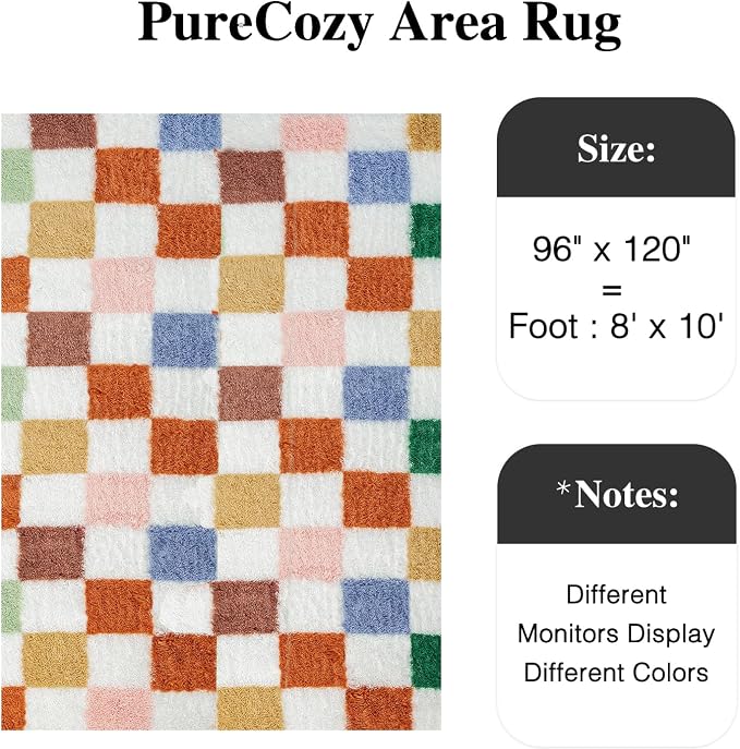 PureCozy Checkered Rug 8x10 for Living Room, Modern Neutral Shag Rug Washable - Image 3