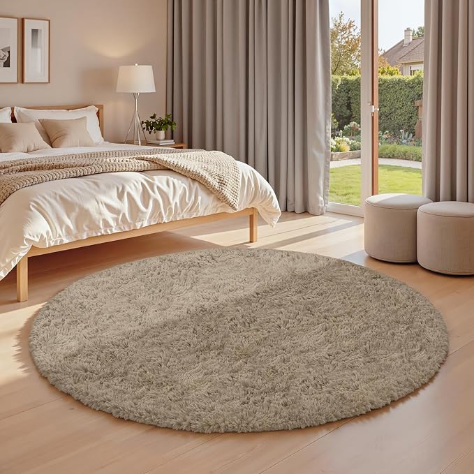 Gray Camel Round Fluffy Rug 6ft, Soft Bedroom Circle Rugs Mats - Image 2