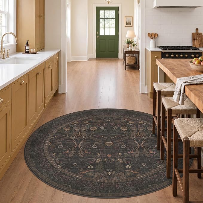 Brown Floral 6ft Round Rug for Living Room Kitchen Dining Room Under Table - Image 3