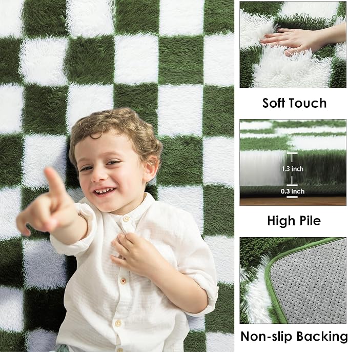 KICMOR Area Rug 5x7 for Living Room, Soft Fluffy Olive Green and White - Image 2