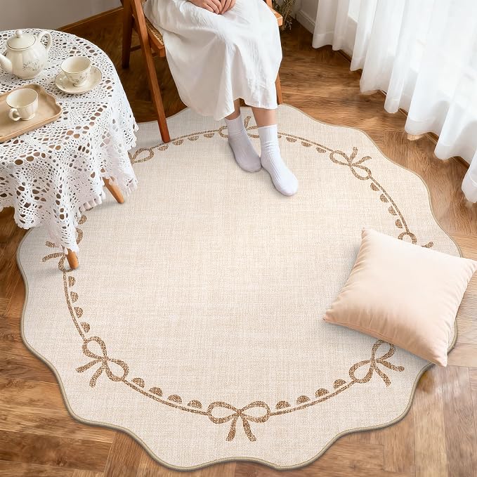 GarveeHome Scalloped Bow Rug for Living Room, 5ft Round Rugs Washable Solid - Image 3