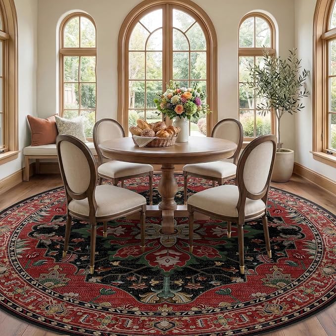 RELEANY Area Rugs Round 8ft Washable Non-Slip, Floral Vintage Distress - Image 2