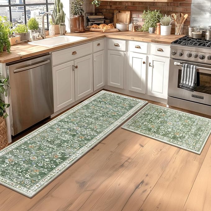 Yamaziot Washable Kitchen Rug Set of 2 – Non Slip Boho Floral Hallway Runner Rug - Image 3