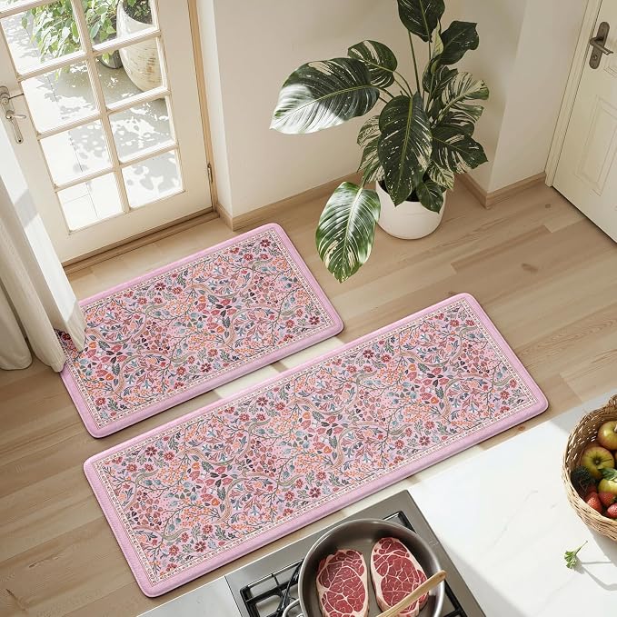 Collive Kitchen Mats for Floor, Cushioned Anti Fatigue Mat Pink Floral Rugs 2 - Image 7