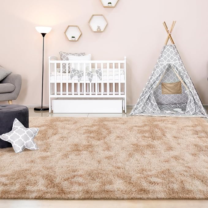 FlyDOIT Large Area Rugs for Living Room, 4x6 Feet Tie-Dyed Beige Shaggy Rug - Image 4