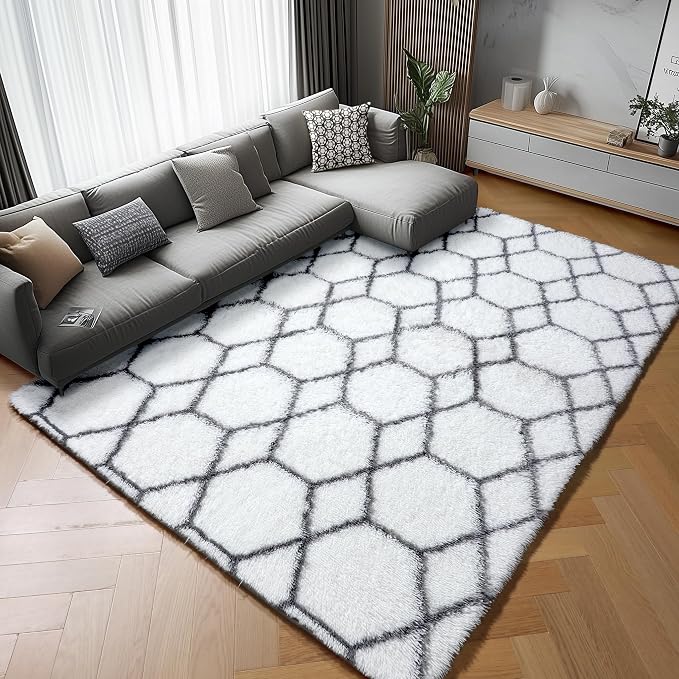 ONASAR Area Rugs for Living Room, 7x10 Fluffy White and Grey Rug for Bedroom - Image 6