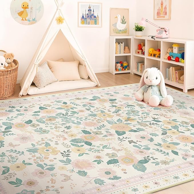 5x7 Area Rugs for Living Room Vacuum-Friendly Machine Washable Area Rug Flower by meejou