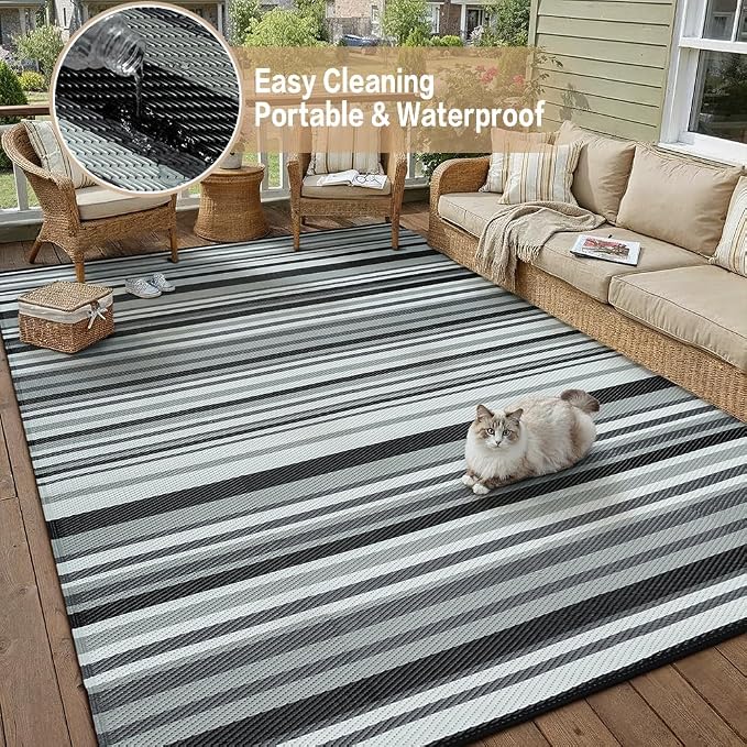Outdoor Plastic Straw Rug Waterproof Patio 8x10 Black White Stripe Mat - Image 5