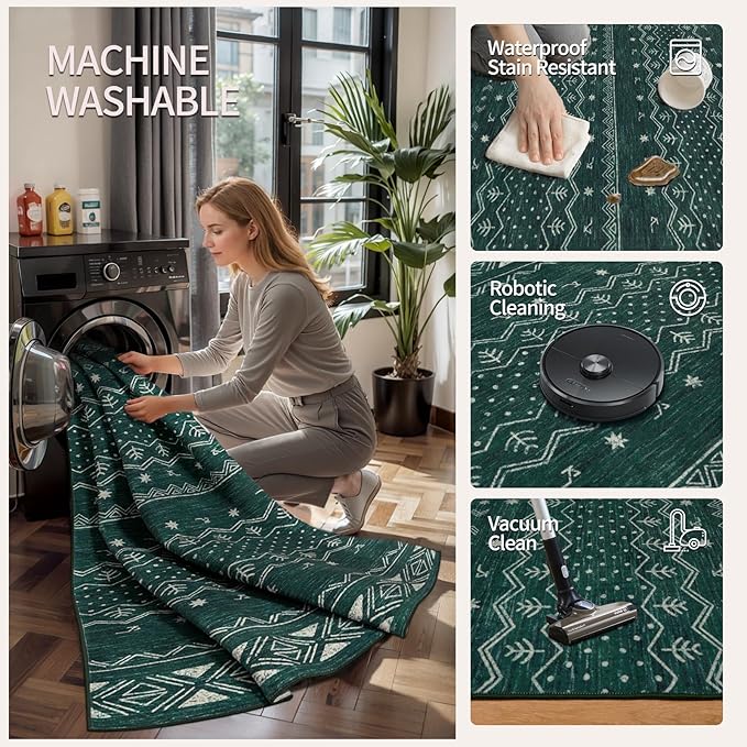 SERISSA 2x6 Kitchen Runner Rug, Washable Non-Slip Dark Green Boho Rug, Soft - Image 3