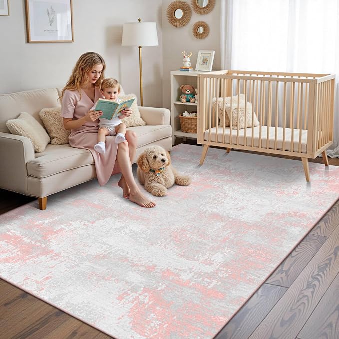 Latte&Fog Pink Area Rugs, Modern Abstract 5x7 Washable Rugs - Image 5