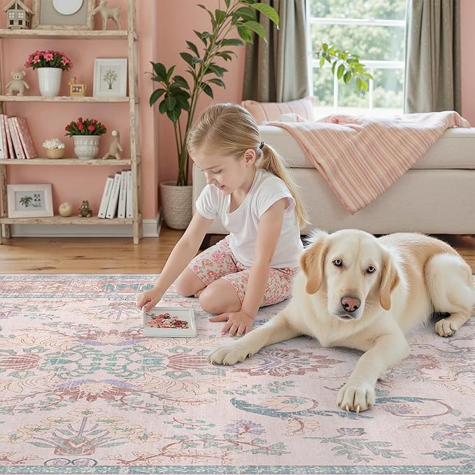 DCX 5x7 Pink Vintage Floral Rug, Machine Washable Non Slip Low Pile Carpet - Image 7