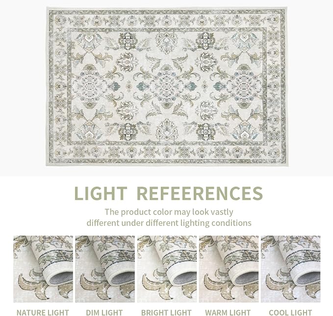 6x9 Washable Area Rugs Beige and Sage Green Vintage Boho Floral Farmhouse Rug - Image 7