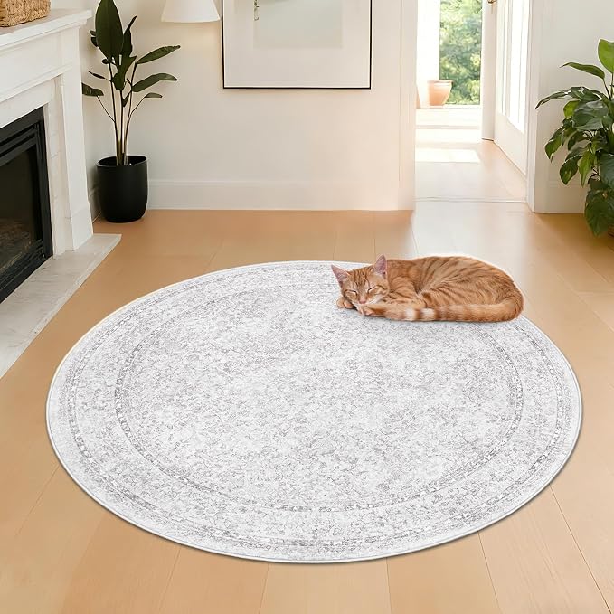 Round Rugs 4ft Vintage Floral Small Circle Rug, Washable Non Slip Soft Low Pile - Image 4