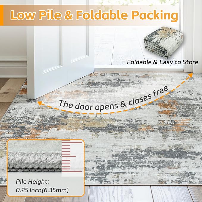 4x6 Area Rugs for Living Room Washable: Abstract Soft Thin Low Pile Grey Rug - Image 7