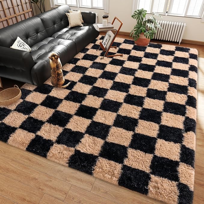 Shag Rugs for Bedroom, 4x6 Checkered Black Beige Soft Fuzzy Rugs for Living Room by Ailyei
