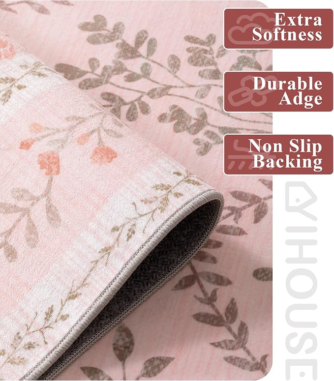 YIHOUSE 5x7 Pink Floral Rug for Bedroom Girls, Washable Area Rugs for Living - Image 7