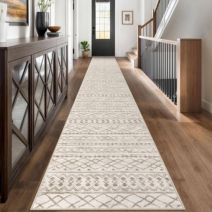 KUTA Long Hallway Runner Rug 2.6x18 Non-Slip Washable, Moroccan Vintage Beige by KUTA