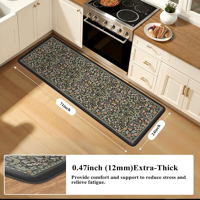 Collive Kitchen Mats for Floor, Cushioned Anti Fatigue Mat Black Floral Rugs - Image 2