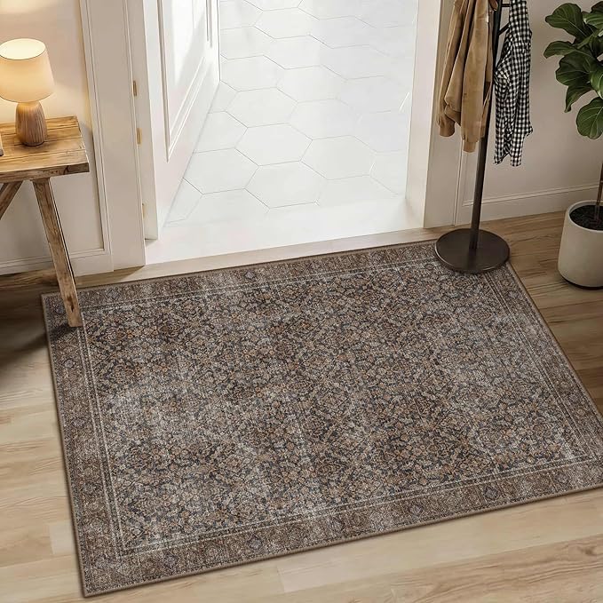 Latte&Fog 2x3 Entryway Rug, Small Vintage Brown Door Mat, Washable Kitchen Rug by LatteFog