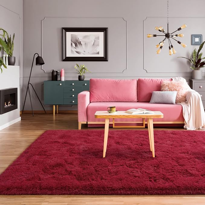 BENRON Fluffy Rugs for Living Room 5x8 Wine Red, Washable Large Area Rugs for - Image 2
