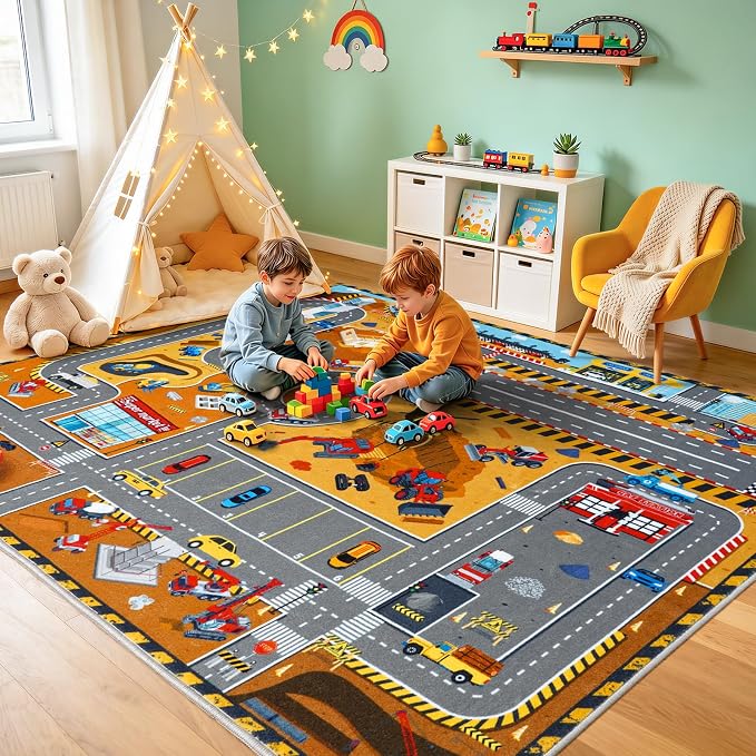 Kids Room Rug 5x7 Ft, Washable Soft Construction Site Road Map Rug, Non-Slip - Image 9