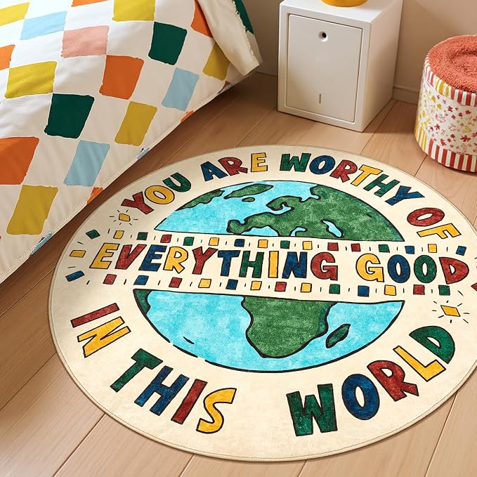jinchan 5ft Round Rug Washable Fun Rug You are Worthy Playroom Mat Non Slip - Image 8