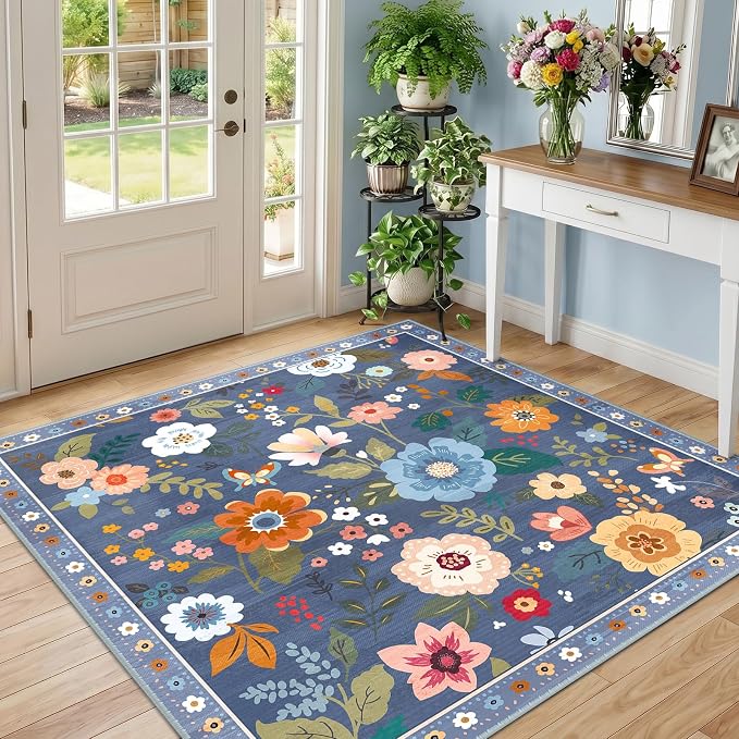 RELEANY Floral Square 5ft Area Rugs Washable Print Boho Cute Carpet Non Slip by RELEANY