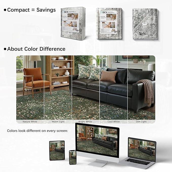 DCX Green Area Rug 9x12, Machine Washable Non Slip Stain Resistant Soft Vintage - Image 5