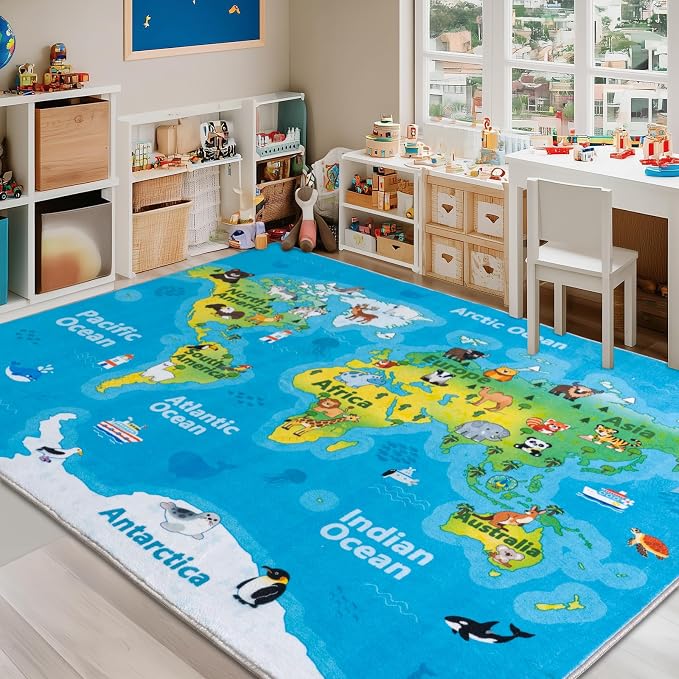 Kids Playroom Rug, 5x7ft World Map Play Mat - Image 8