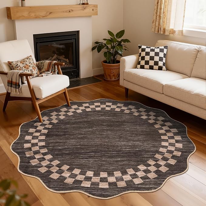6ft Washable Round Rug for Entryway Modern Checkered Bedroom Circle Rug Non - Image 8