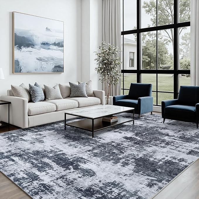 9x12 Area Rugs for Living Room Washable: Abstract Soft Thin Low Pile Black Rug - Image 8