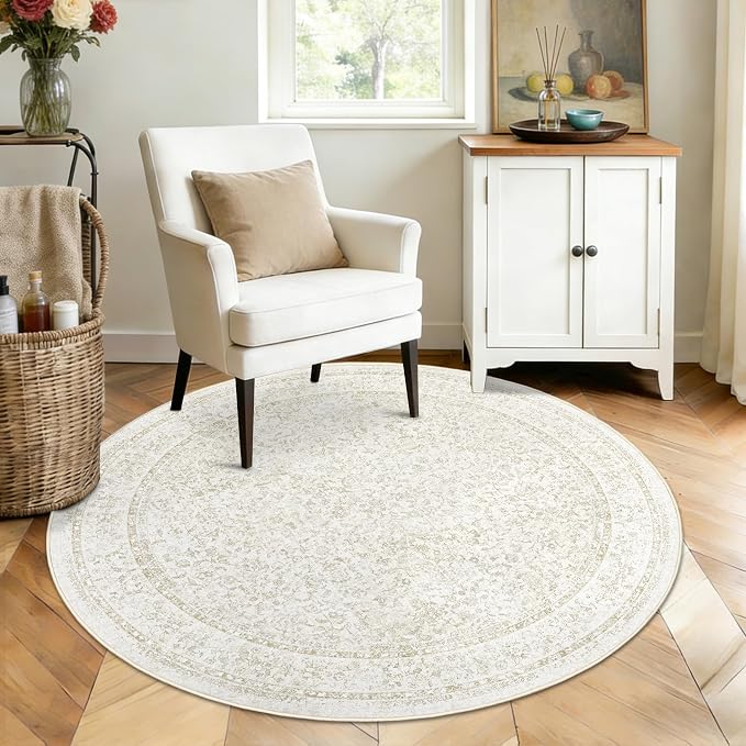 Round Rugs 4ft Vintage Floral Small Circle Rug, Washable Non Slip Soft Low Pile - Image 3